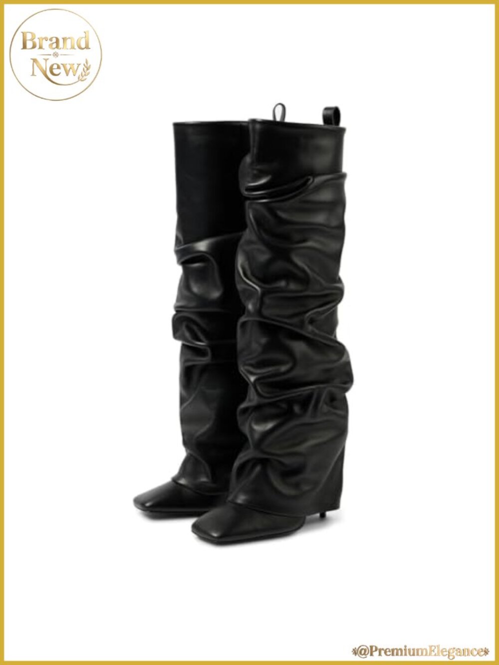 Suede Fold Over Knee High Boots Square Toe Stiletto Heel Slouchy Slip On